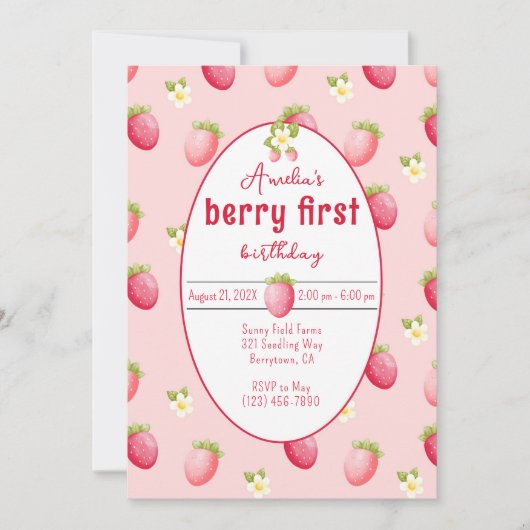 Berry First Birthday Strawberry Invitation Kaart (Voorkant)
