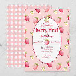 Berry First Birthday Strawberry Invitation Kaart