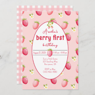 Berry First Birthday Strawberry Invitation Kaart