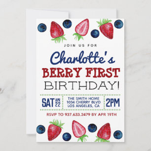 Berry First Birthday Strawberry Invitation Kaart
