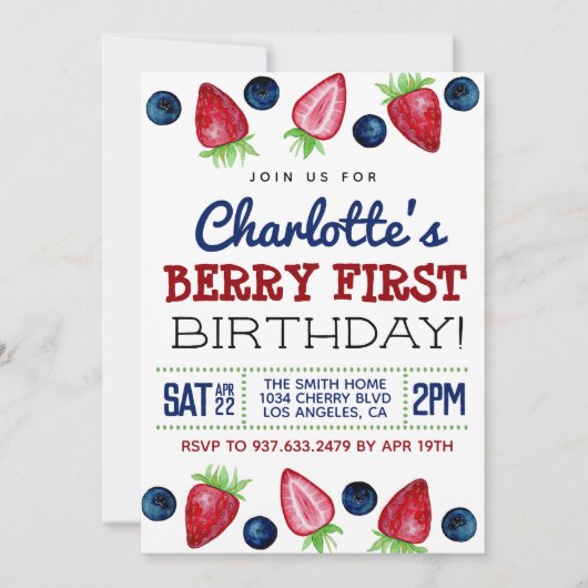 Berry First Birthday Strawberry Invitation Kaart (Voorkant)