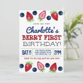 Berry First Birthday Strawberry Invitation Kaart (Staand voorkant)