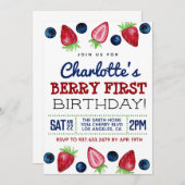 Berry First Birthday Strawberry Invitation Kaart (Voorkant / Achterkant)