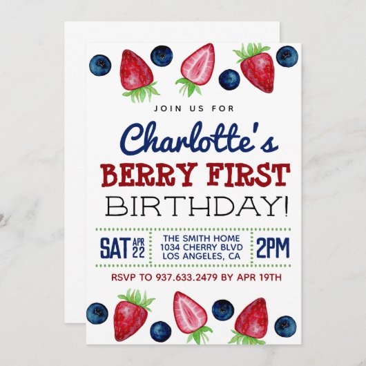Berry First Birthday Strawberry Invitation Kaart (Voorkant / Achterkant)
