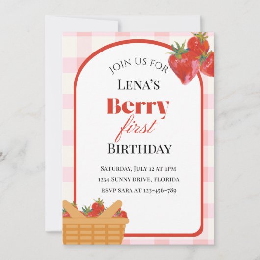 Berry First Birthday Strawberry Invitation Kaart (Voorkant)