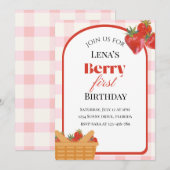 Berry First Birthday Strawberry Invitation Kaart (Voorkant / Achterkant)
