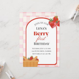 Berry First Birthday Strawberry Invitation Kaart