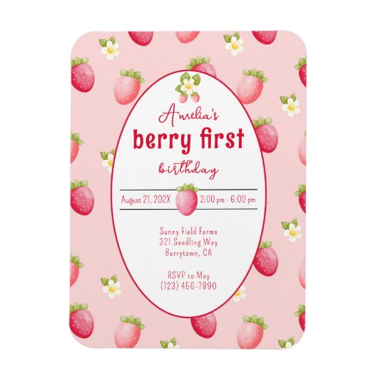 Berry First Birthday Strawberry Invitation Magneet (Verticaal)