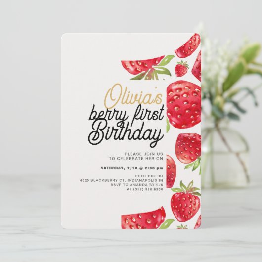 Berry First Birthday Strawberry Kaart (Staand voorkant)