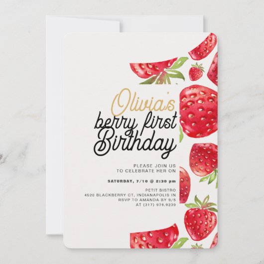 Berry First Birthday Strawberry Kaart (Voorkant)