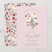 Berry First Birthday Strawberry Kaart (Voorkant / Achterkant)