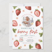 Berry First Birthday Strawberry Photo Invitation Kaart (Voorkant)
