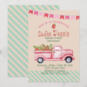 Berry First Birthday Strawberry Theme Uitnodiging (Voorkant / Achterkant)
