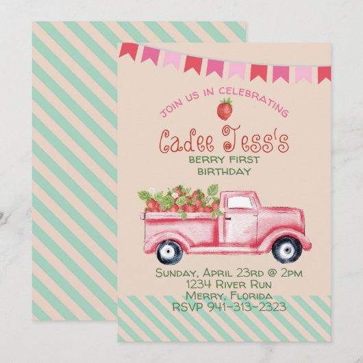 Berry First Birthday Strawberry Theme Uitnodiging (Voorkant / Achterkant)