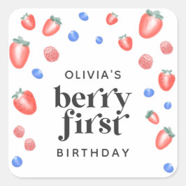 Berry First Birthday Strawberry Vierkante Sticker