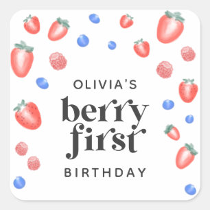 Berry First Birthday Strawberry Vierkante Sticker