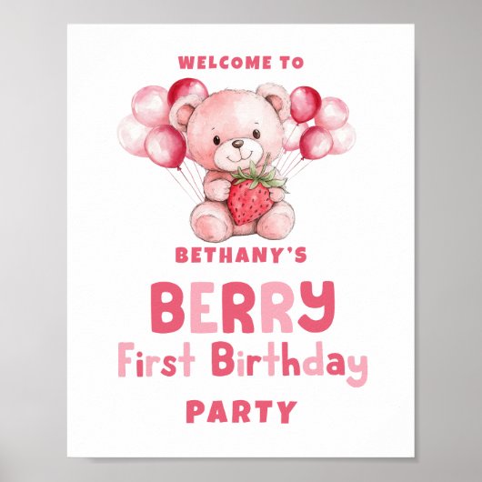 Berry First Birthday Strawberry Welkom op het fees Poster (Voorkant)