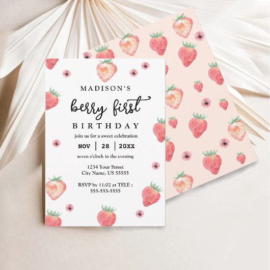 Berry First Birthday Stylish Pink aardbery Kaart