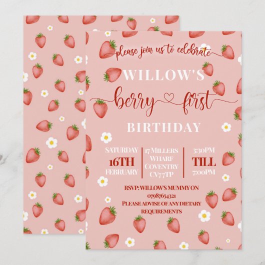 Berry First Birthday Thema Party Uitnodigingen (Voorkant / Achterkant)