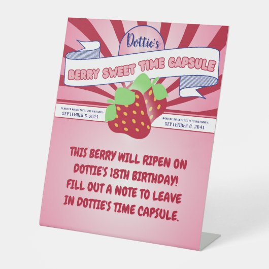Berry First Birthday Time Capsule Sign Reclamebord Met Voetstuk (Voorkant)