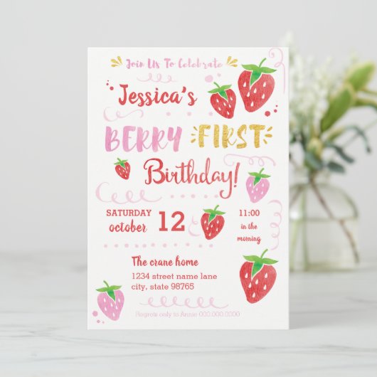 Berry First Birthday Waterverf Strawberry Party Kaart (Staand voorkant)
