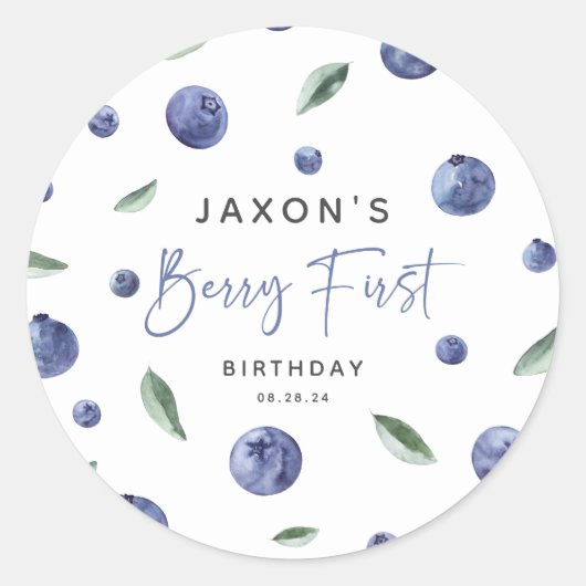 'Berry First' Blauwe Bes 1e Verjaardag Ronde Sticker (Voorkant)