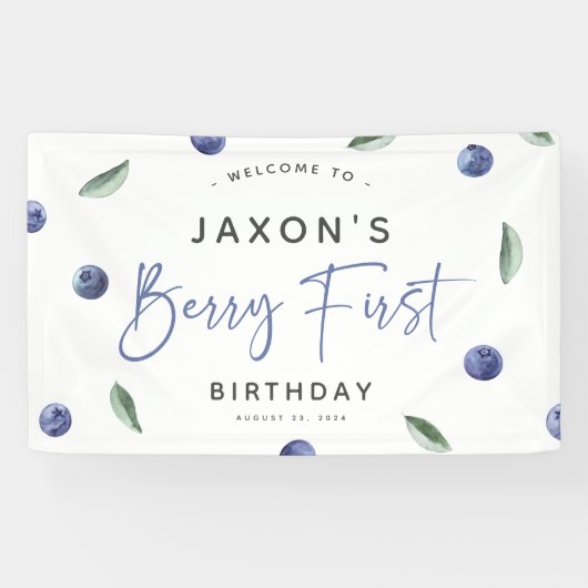 'Berry First' Blauwe Bes 1e Verjaardagsfeestje Spandoek (Horizontaal)