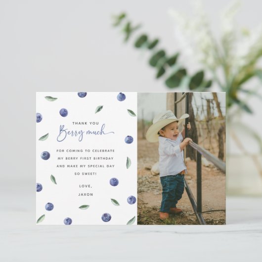 'Berry First' Blueberry 1e verjaardagsfeestje Bedankkaart (Staand voorkant)