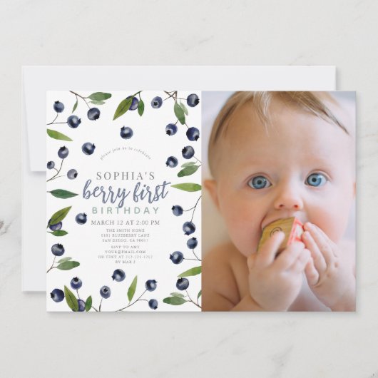 Berry First Blueberry Greenery 1e Verjaardag Foto Kaart (Voorkant)