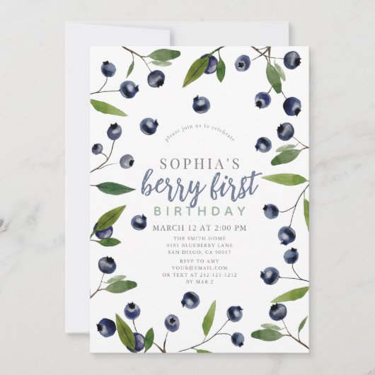 Berry First Blueberry Greenery 1e verjaardag Kaart (Voorkant)