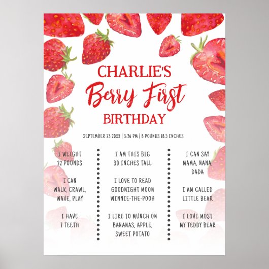 Berry First Boho Strawberry Birthday Milestone Poster (Voorkant)