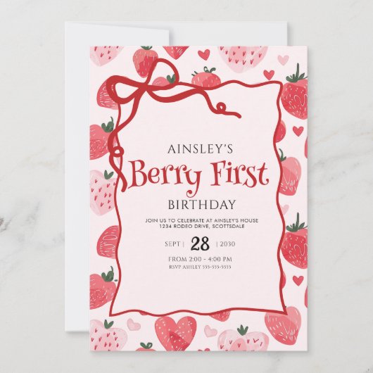 Berry First Coquette Pink Bow Foto 1e verjaardag Kaart (Voorkant)