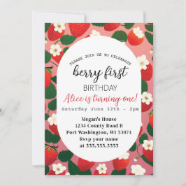 Berry First Cute Strawberry 1st Birthday Kaart