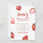 Berry First | Cute Strawberry Girl 1e verjaardag Kaart (Voorkant)