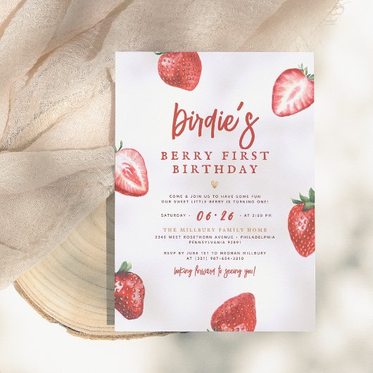 Berry First | Cute Strawberry Girl 1e verjaardag Kaart