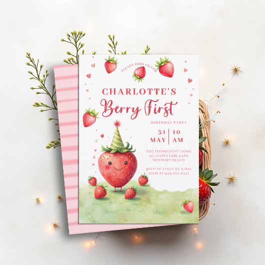 Berry First Cute Strawberry Patch 1st Birthday Kaart