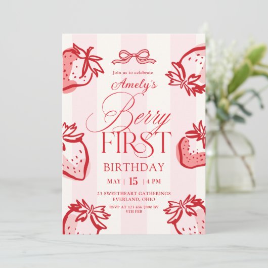Berry First Hand Drawn Bow Strawberry Birthday Kaart (Staand voorkant)
