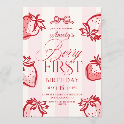Berry First Hand Drawn Bow Strawberry Birthday Kaart (Voorkant)