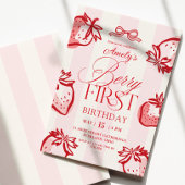 Berry First Hand Drawn Bow Strawberry Birthday Kaart