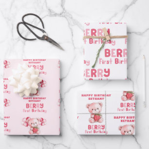 Berry First Happy Birthday naam Strawberry Inpakpapier Vel