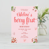 Berry First Pink Strawberry 1st Birthday Party Kaart (Staand voorkant)