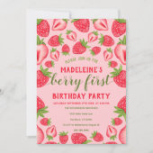 Berry First Pink Strawberry 1st Birthday Party Kaart (Voorkant)