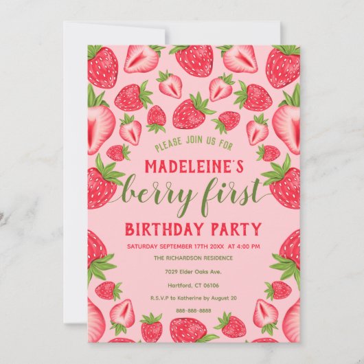 Berry First Pink Strawberry 1st Birthday Party Kaart (Voorkant)