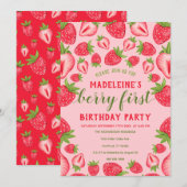 Berry First Pink Strawberry 1st Birthday Party Kaart (Voorkant / Achterkant)