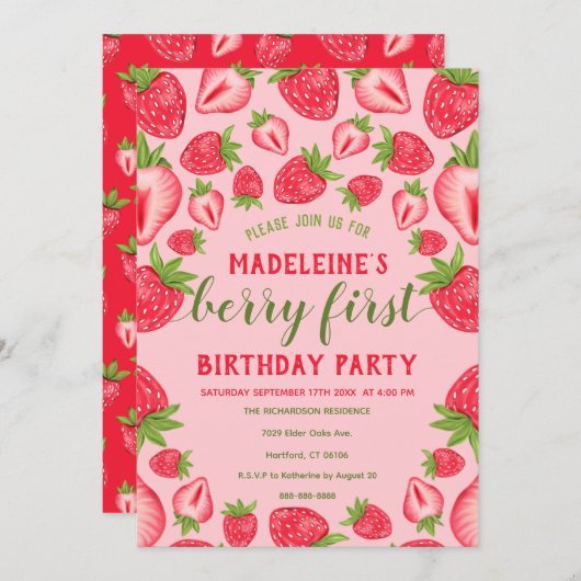 Berry First Pink Strawberry 1st Birthday Party Kaart (Voorkant / Achterkant)