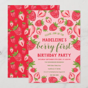 Berry First Pink Strawberry 1st Birthday Party Kaart