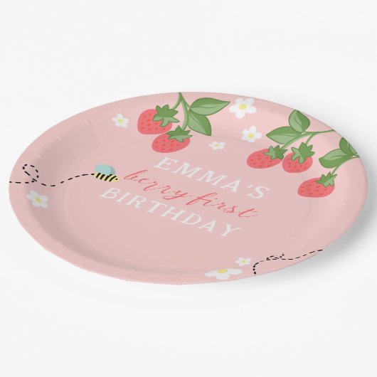 Berry First Pink Strawberry and Flowers Papieren Bordje (Gekanteld)