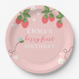 Berry First Pink Strawberry and Flowers Papieren Bordje