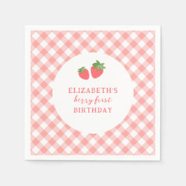 Berry First Pink Strawberry Gingham Birthday Servet