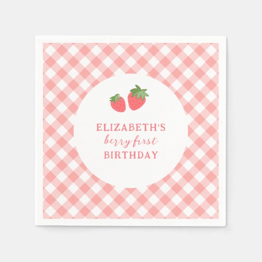Berry First Pink Strawberry Gingham Birthday Servet (Voorkant)